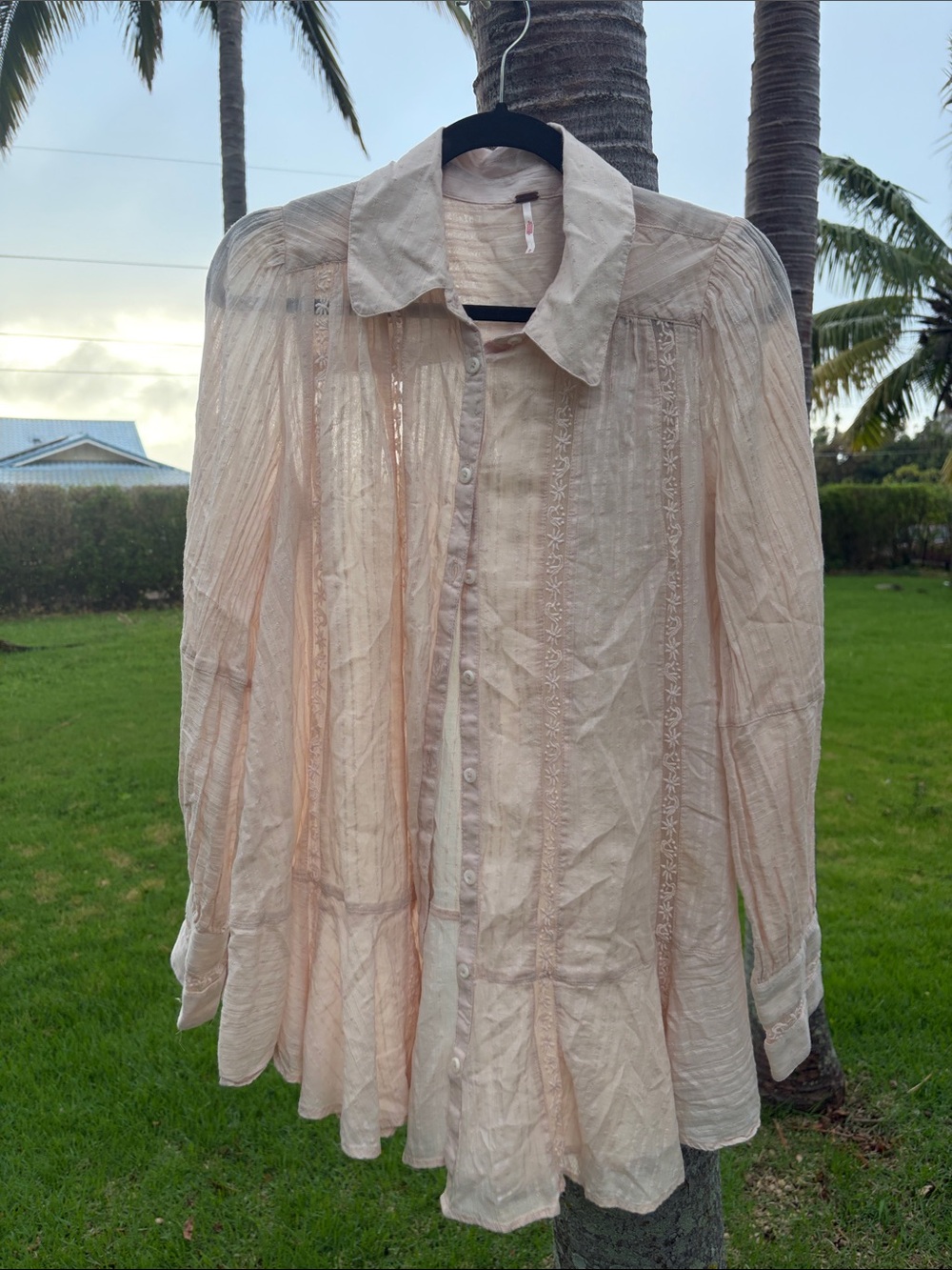 Free People Pale Peach Semi-Sheer Button-Down Blouse